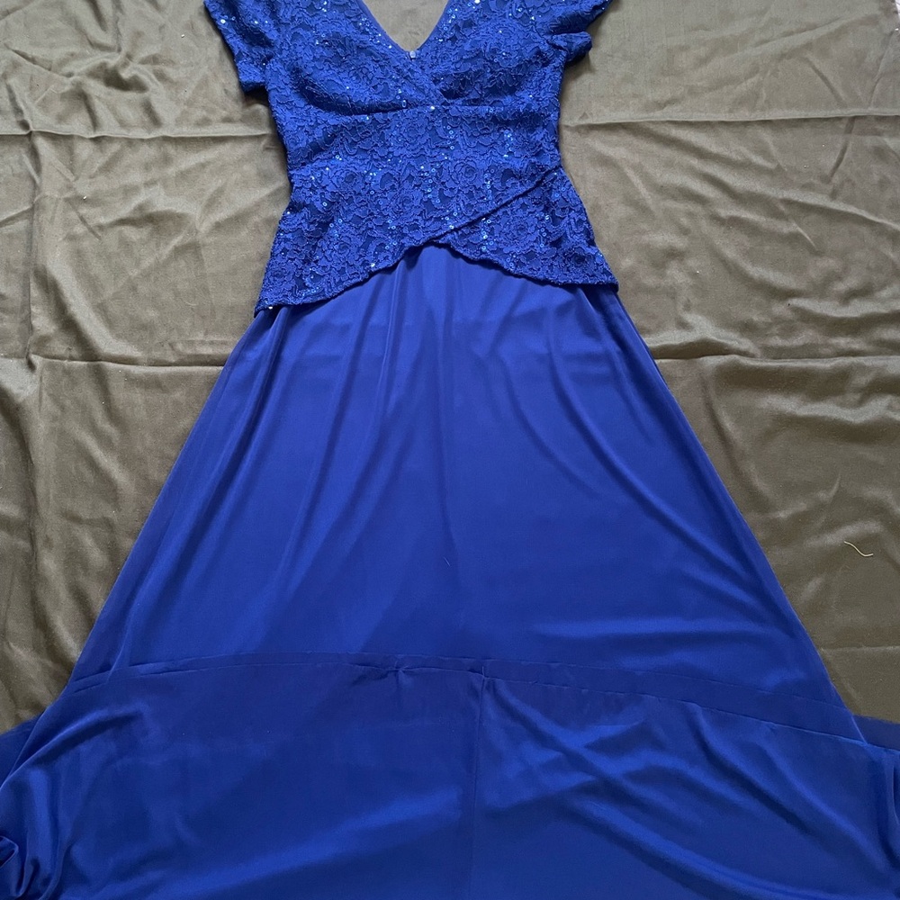 Blue Sequin Embellished V-Neck Gown